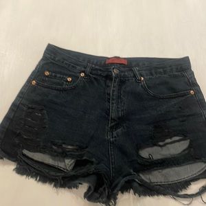 Signature 8, Black Denim Distressed High Waisted Shorts, Size L